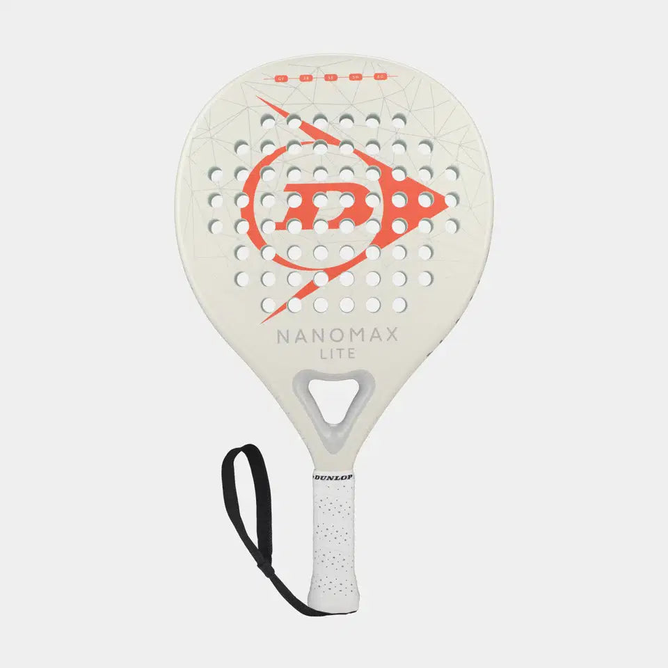 The Dunlop Nanomax Lite Padel Racket features a white design with circular holes, orange geometric accents, NANOMAX LITE text, a black wrist strap on the perforated handle, and a soft EVA core for comfort.