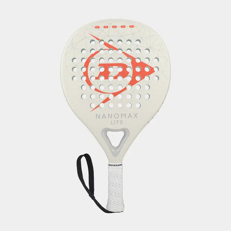 The Dunlop Nanomax Lite Padel Racket features a white design with circular holes, orange geometric accents, NANOMAX LITE text, a black wrist strap on the perforated handle, and a soft EVA core for comfort.