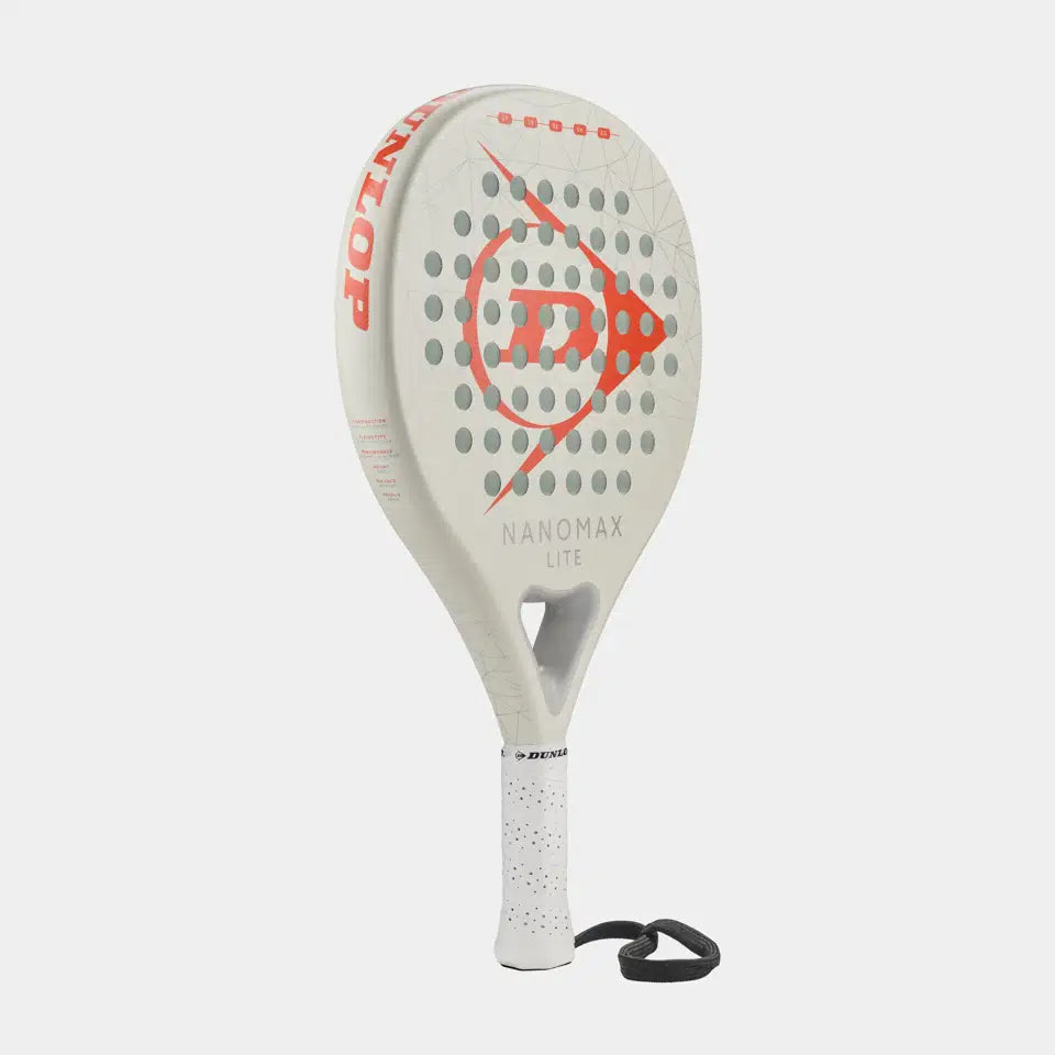 The Dunlop Nanomax Lite Padel Racket is a white and red racket with a perforated surface, soft EVA core for comfort, extra grip, a wrist strap on the graphite frame handle, and Dunlop branding.