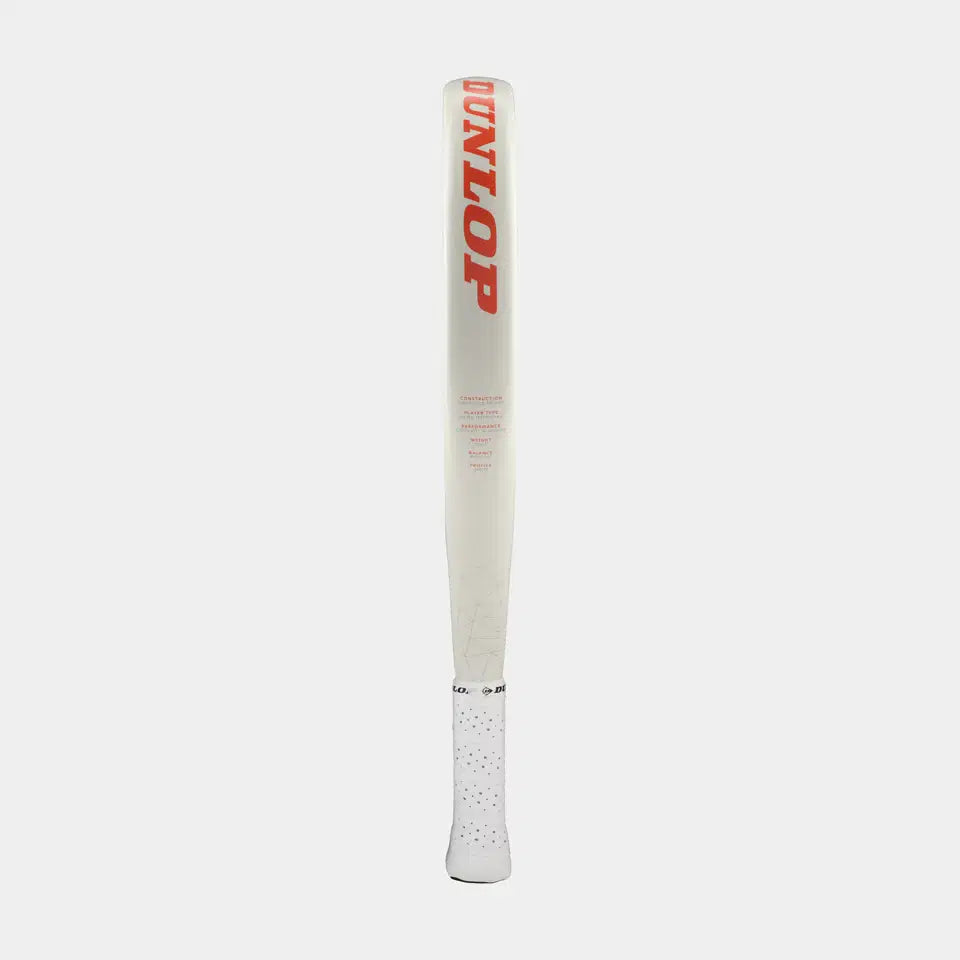 The Dunlop Nanomax Lite Padel Racket, featuring a white design with a soft EVA core and bold red DUNLOP branding near the top, stands upright on a plain white background.
