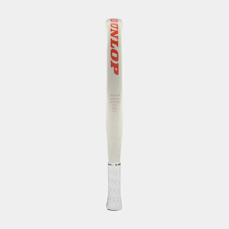 The Dunlop Nanomax Lite Padel Racket, featuring a white design with a soft EVA core and bold red DUNLOP branding near the top, stands upright on a plain white background.