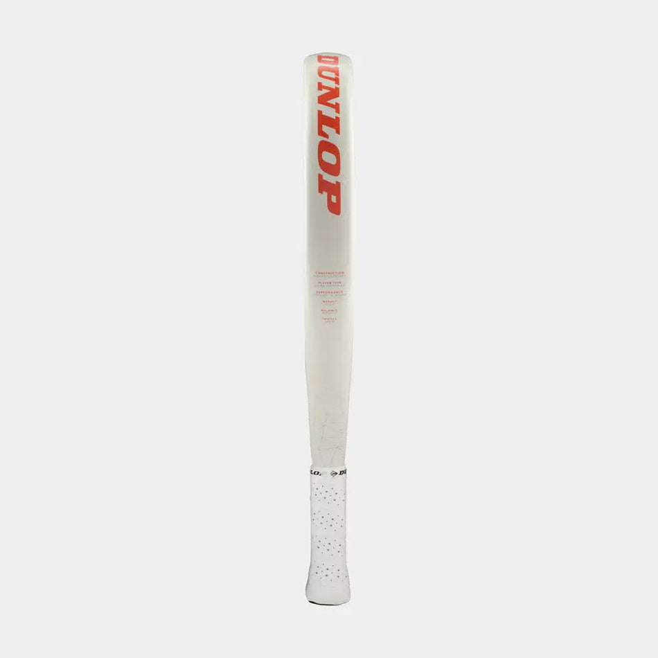 The Dunlop Nanomax Lite Padel Racket, featuring a white design with a soft EVA core and bold red DUNLOP branding near the top, stands upright on a plain white background.
