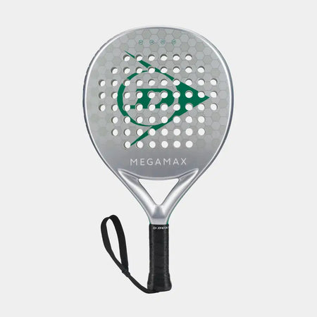 The Dunlop Megamax Silver Padel Racket features a graphite frame, round head, black handle and wrist strap, with a green geometric logo and MEGAMAX branding on the face, displayed on a plain white background.