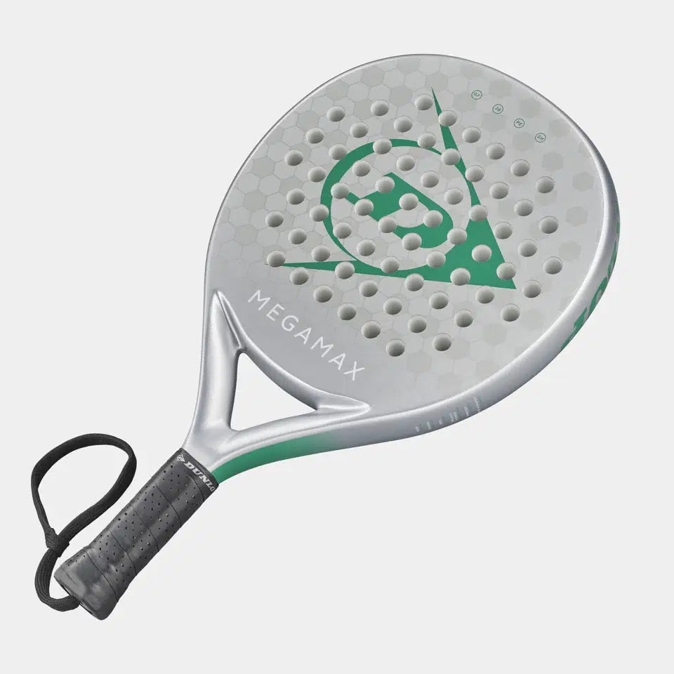 The Dunlop Megamax Silver Padel Racket features a round headshape, perforated surface, Pro EVA core, sleek graphite frame bat, black wrist strap, and a geometric logo on the face.