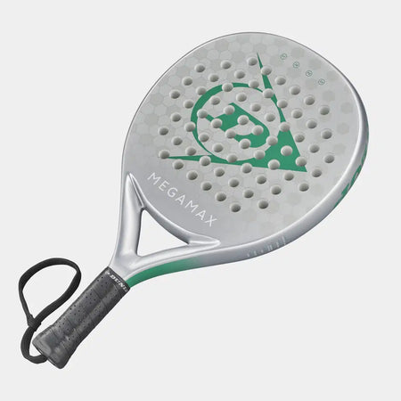 The Dunlop Megamax Silver Padel Racket features a round headshape, perforated surface, Pro EVA core, sleek graphite frame bat, black wrist strap, and a geometric logo on the face.