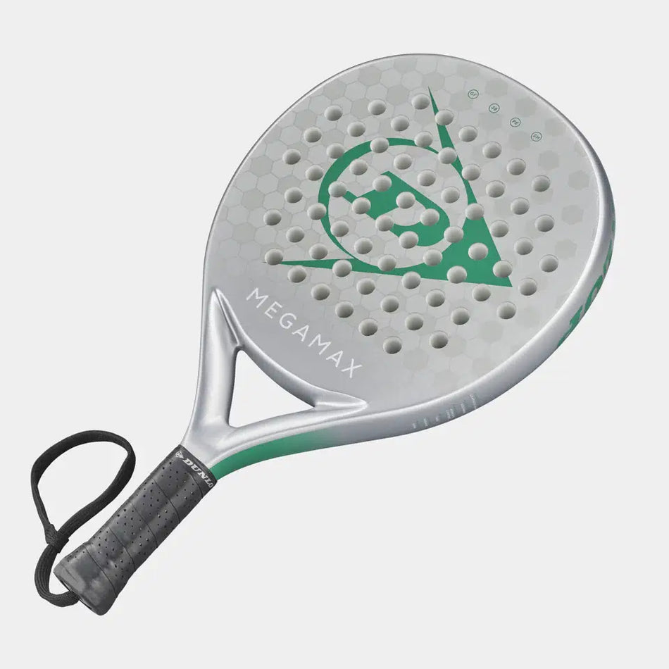 The Dunlop Megamax Silver Padel Racket features a round headshape, perforated surface, Pro EVA core, sleek graphite frame bat, black wrist strap, and a geometric logo on the face.