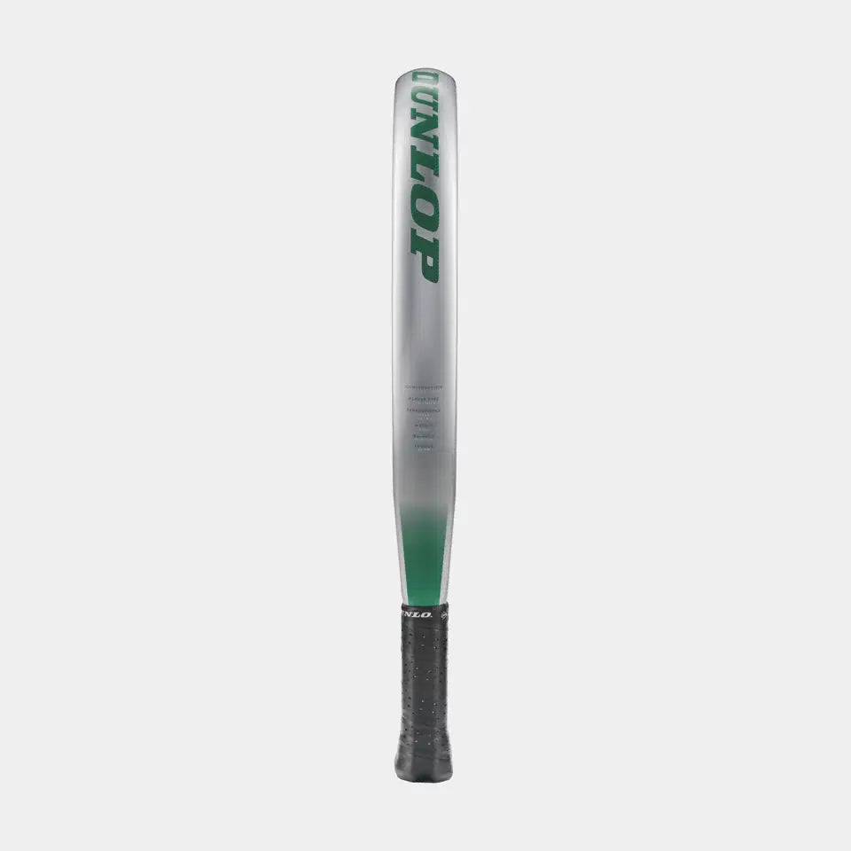 A Dunlop Megamax Silver Padel Racket with a sleek silver design stands upright against a plain white background, showcasing the Dunlop brand name in bold green letters on its frame.