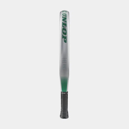 A Dunlop Megamax Silver Padel Racket with a sleek silver design stands upright against a plain white background, showcasing the Dunlop brand name in bold green letters on its frame.