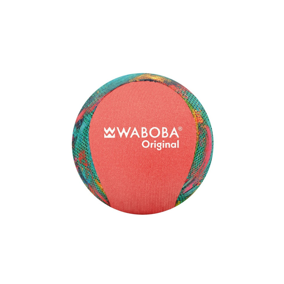 A red and multicolored Waboba Original Water Bouncing Ball is displayed against a white background, with "Waboba" and "Original" printed in white—ideal as a fun beach toy.