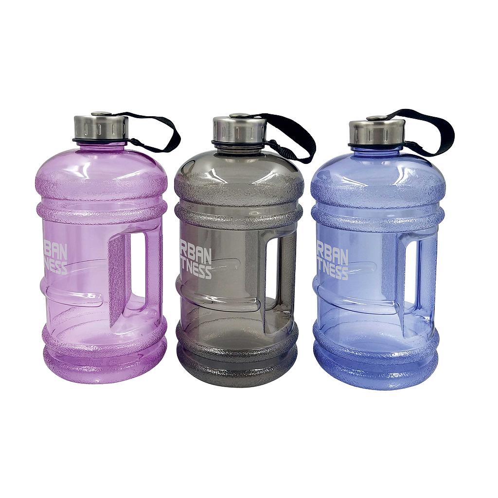 Three Urban Fitness Quench Water Bottles by Urban Fitness, each 2.2L and BPA-free in purple, gray, and blue, with built-in handles and screw-on metal caps with black straps are shown side by side on a white background.
