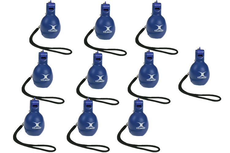 Ten Gilbert Squeezy Whistles by Gilbert, featuring blue bodies, black wrist straps, white logos, and rectangular mouthpieces, are scattered on a white background—perfect for PE teachers.