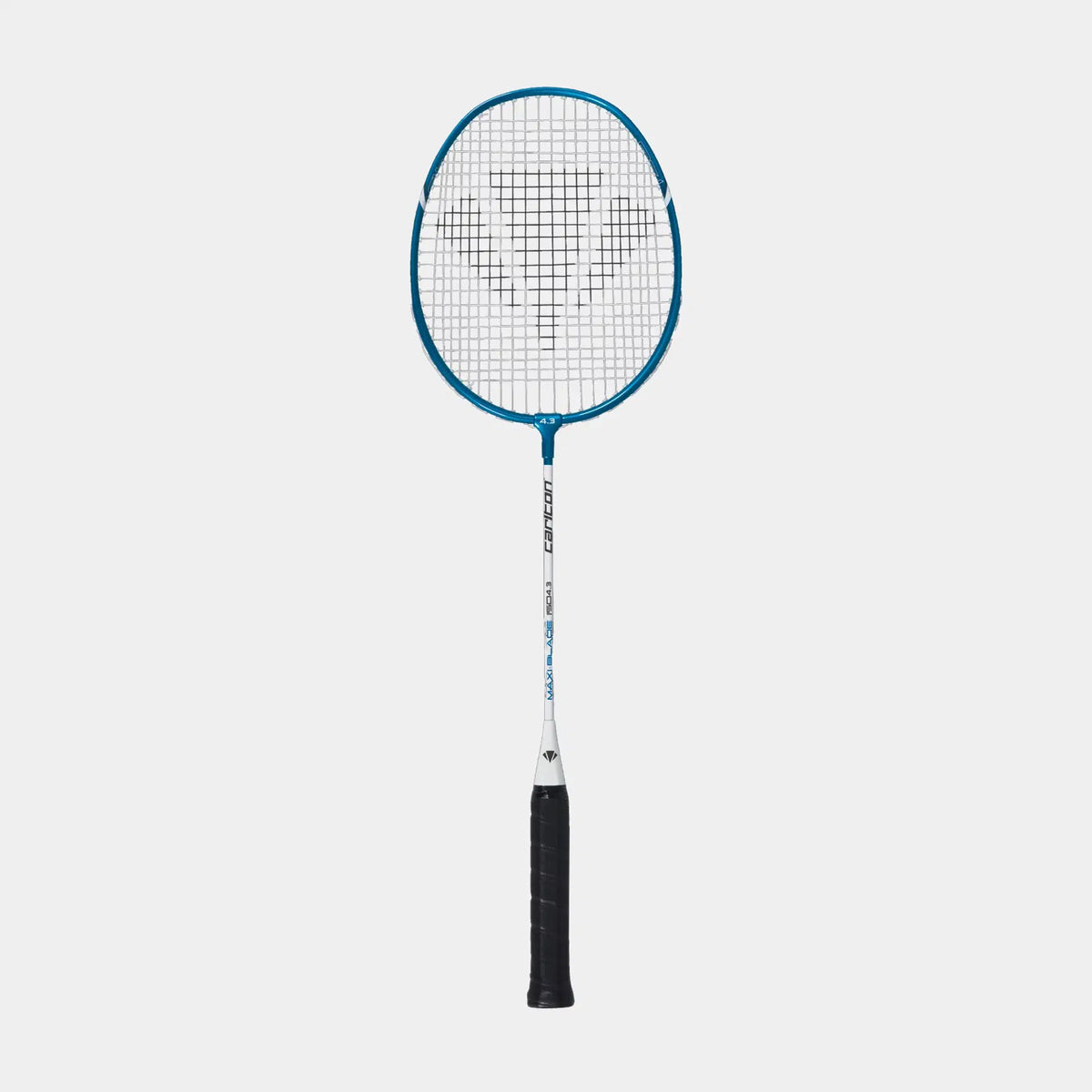 The Carlton Maxi-Blade ISO 4.3 Badminton Racket features an aluminium frame in blue and black, a white shaft, black grip, and oval stringed head, shown vertically against a plain white background.