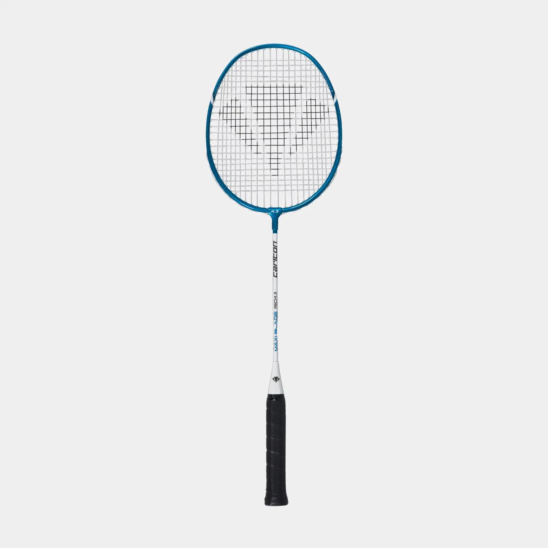 The Carlton Maxi-Blade ISO 4.3 Badminton Racket features an aluminium frame in blue and black, a white shaft, black grip, and oval stringed head, shown vertically against a plain white background.