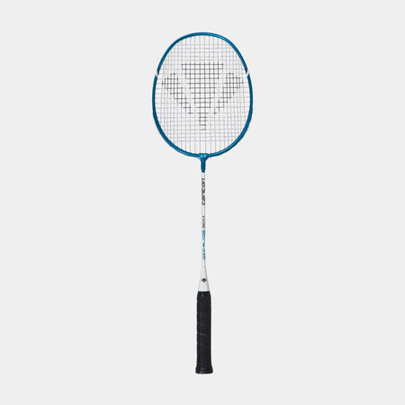 The Carlton Maxi-Blade ISO 4.3 Badminton Racket features an aluminium frame in blue and black, a white shaft, black grip, and oval stringed head, shown vertically against a plain white background.
