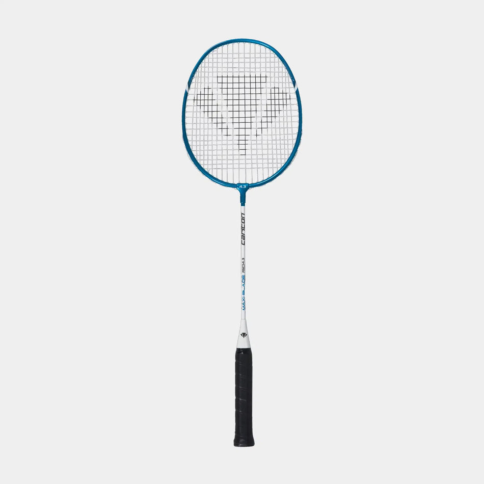 The Carlton Maxi-Blade ISO 4.3 Badminton Racket features an aluminium frame in blue and black, a white shaft, black grip, and oval stringed head, shown vertically against a plain white background.