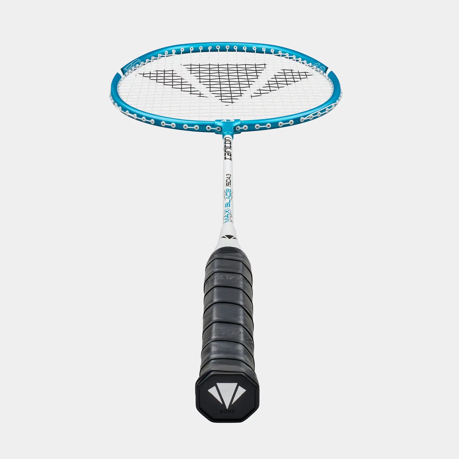The Carlton Maxi-Blade ISO 4.3 Badminton Racket features a lightweight aluminum frame in blue, white strings, and a black grip, shown lying flat on a plain white background with the view from handle to head.