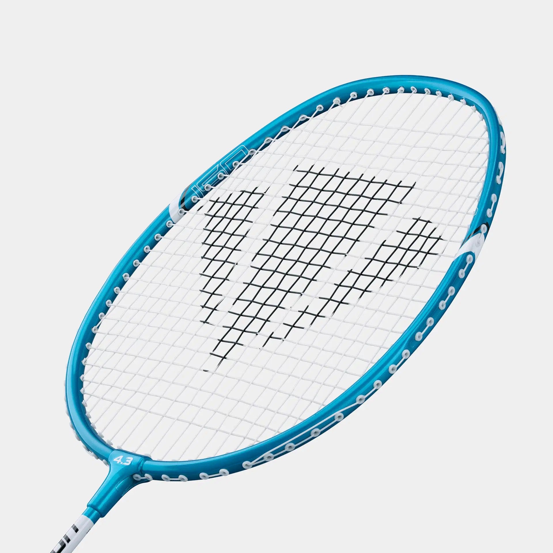 A close-up of the Carlton Maxi-Blade ISO 4.3 Badminton Racket, featuring a blue lightweight frame, white strings, and a black geometric logo at the center, set against a plain white background.