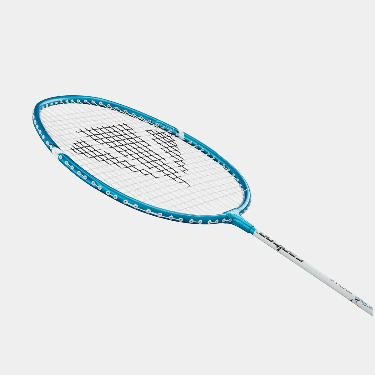 The Carlton Maxi-Blade ISO 4.3 badminton racket, featuring a blue and white lightweight aluminium frame with black strings, is displayed against a plain white background.