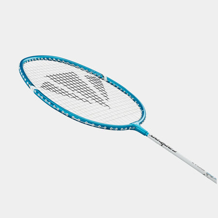 The Carlton Maxi-Blade ISO 4.3 badminton racket, featuring a blue and white lightweight aluminium frame with black strings, is displayed against a plain white background.