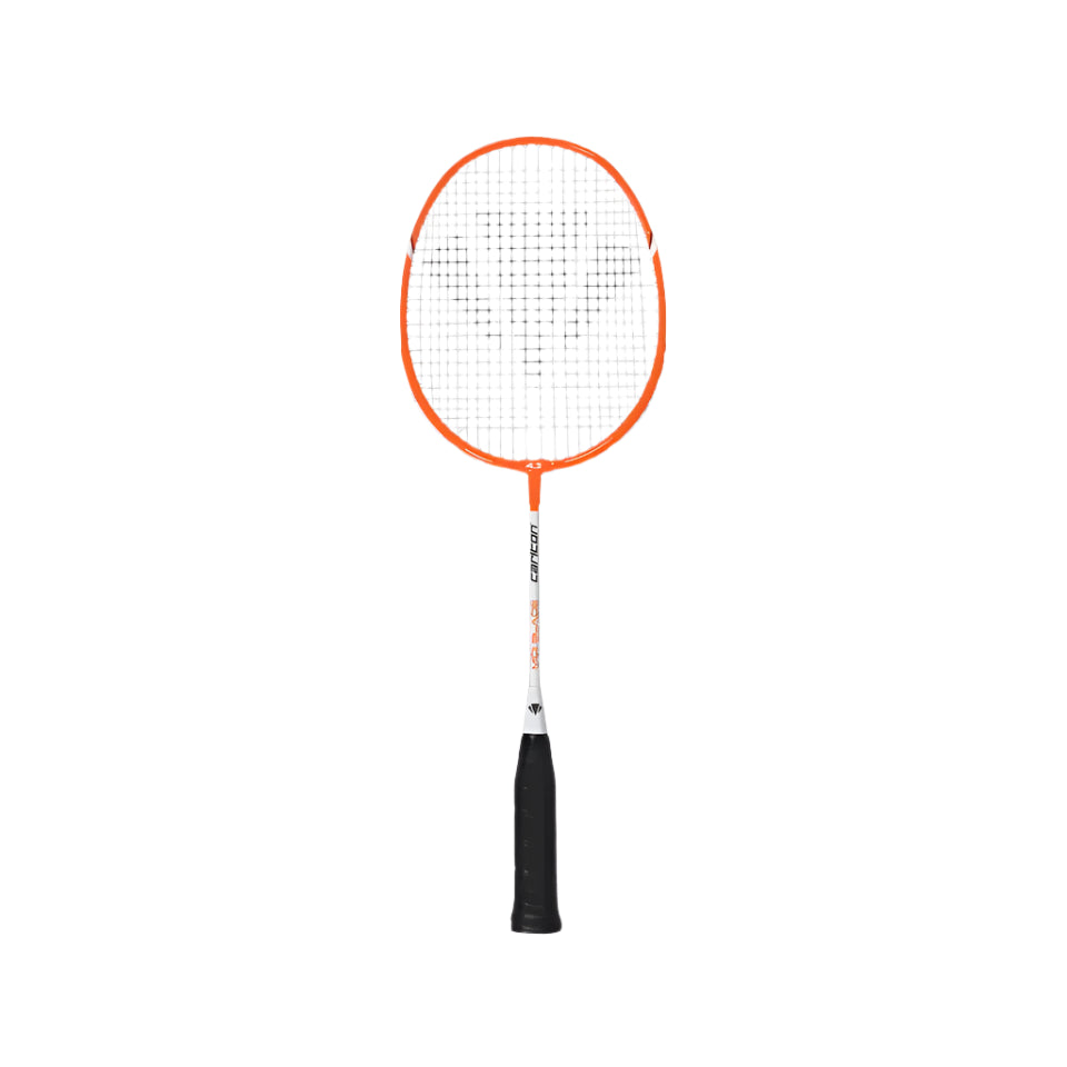 The Carlton Midi-Blade ISO 4.3 Badminton Racket features a lightweight orange frame, white strings, and a black handle, displayed vertically on a plain white background—ideal for beginner players.