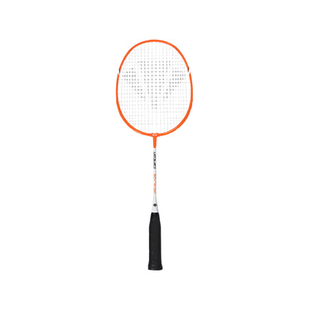 The Carlton Midi-Blade ISO 4.3 Badminton Racket features a lightweight orange frame, white strings, and a black handle, displayed vertically on a plain white background—ideal for beginner players.