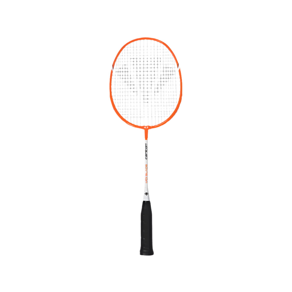 The Carlton Midi-Blade ISO 4.3 Badminton Racket features a lightweight orange frame, white strings, and a black handle, displayed vertically on a plain white background—ideal for beginner players.