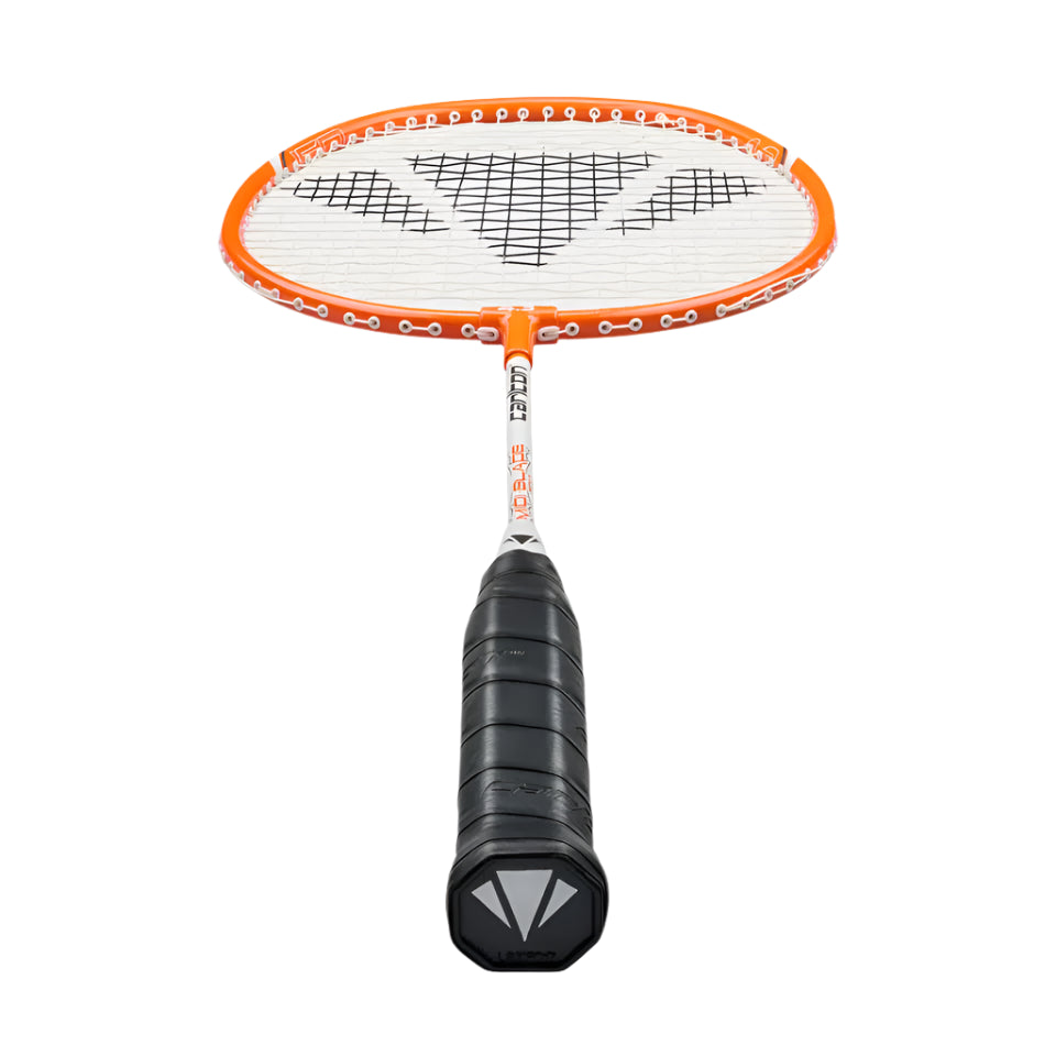 The Carlton Midi-Blade ISO 4.3 Badminton Racket features an orange frame, white strings, and a black grip—lightweight and displayed vertically with the handle forward, making it ideal for beginner players.
