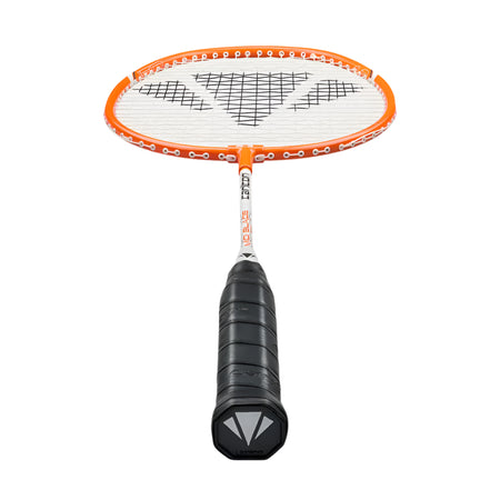 The Carlton Midi-Blade ISO 4.3 Badminton Racket features an orange frame, white strings, and a black grip—lightweight and displayed vertically with the handle forward, making it ideal for beginner players.