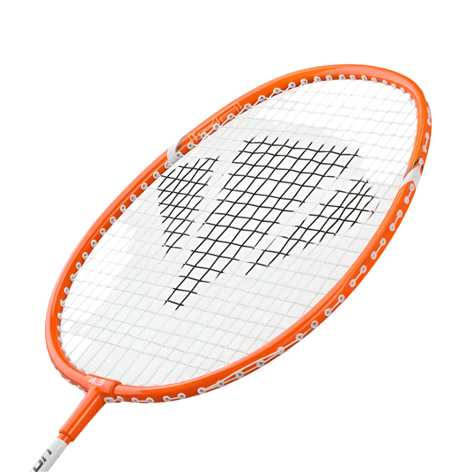 The Carlton Midi-Blade ISO 4.3 is an orange lightweight badminton racket with white strings and a black geometric design, perfect for beginners, shown against a white background.