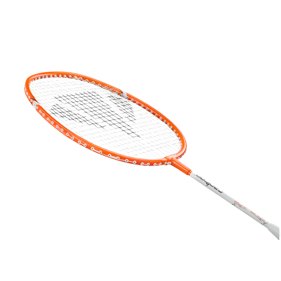 The Carlton Midi-Blade ISO 4.3 Badminton Racket features an orange and white design with black strings, shown on a plain white background to highlight its lightweight build.