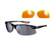 The black Sunwise Sprint Sunglasses (formerly Windrush) by Sunwise are shown with gray lenses and interchangeable yellow-orange lenses. These semi-rimless sports sunglasses offer wrap-around protection and a sleek design.