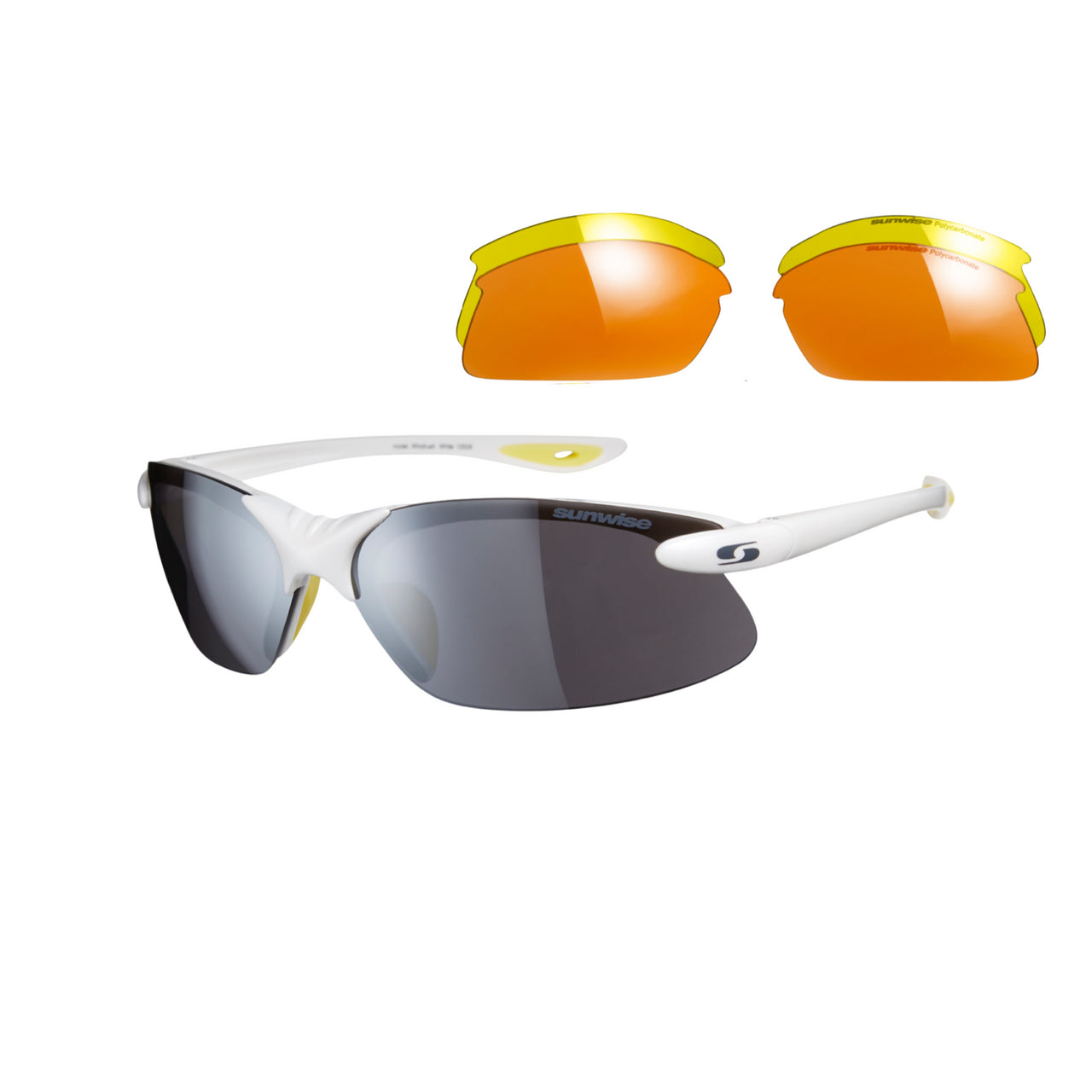 The white Sunwise Sprint Sunglasses by Sunwise feature dark wraparound lenses, with an extra pair of yellow-orange interchangeable lenses shown above to the right, providing versatile sports eye protection.