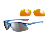 Sunwise Sprint Sunglasses in blue feature wrap-around reflective lenses with orange accents and come with an extra pair of yellow-orange interchangeable lenses, shown on a white background.