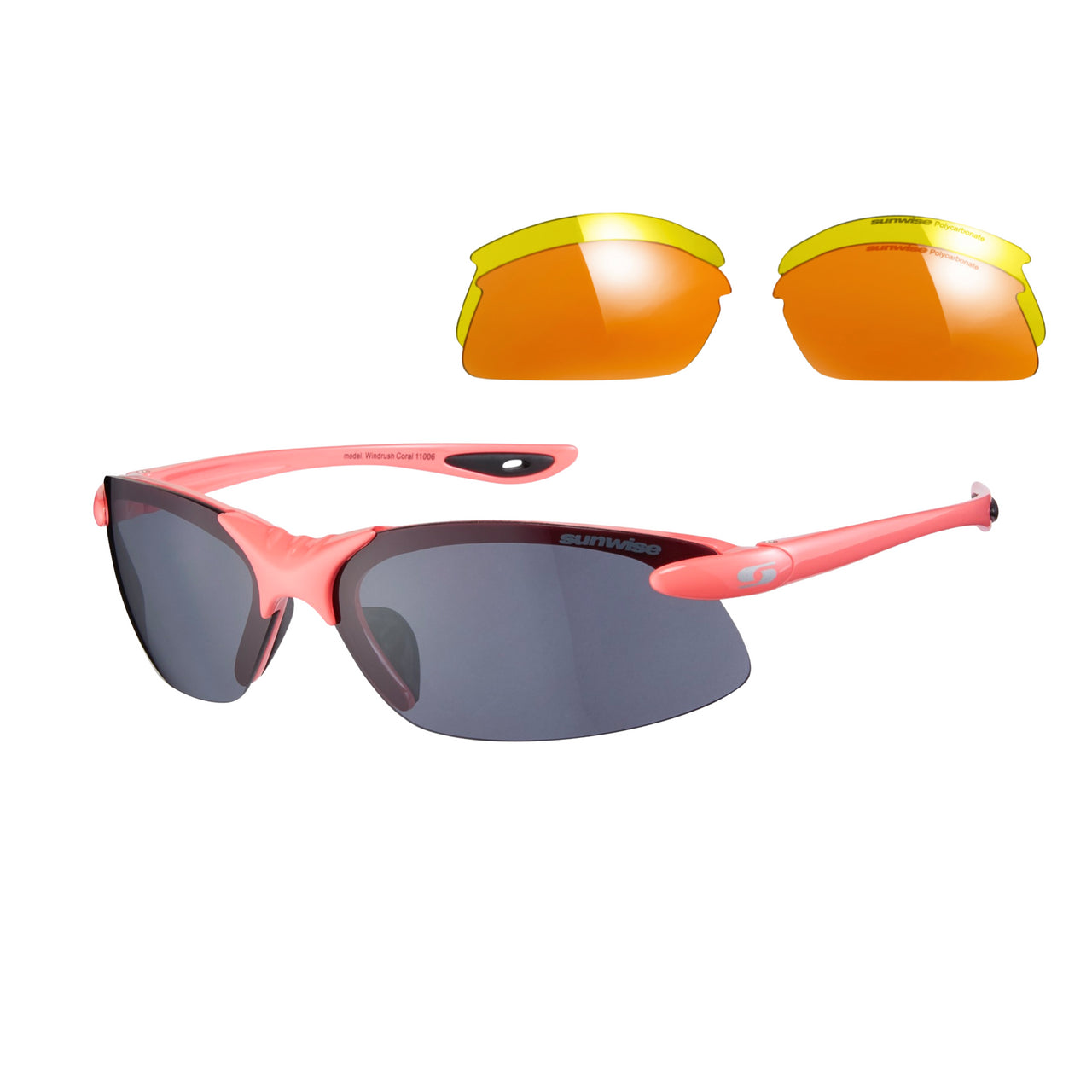Sunwise Sprint Sunglasses in coral feature dark wraparound lenses for protection and come with an extra set of yellow-orange interchangeable lenses.