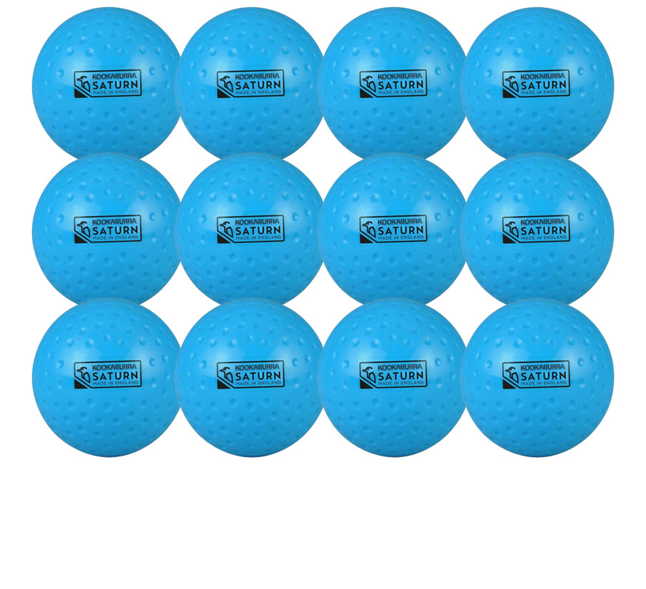 Twelve blue Kookaburra Dimple Saturn Hockey Balls (12 Pack), branded with KOOKABURRA SATURN and a small graphic, are displayed in a 3x4 grid.