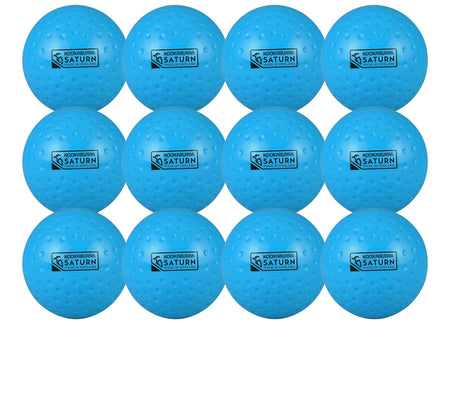 Twelve blue Kookaburra Dimple Saturn Hockey Balls (12 Pack), branded with KOOKABURRA SATURN and a small graphic, are displayed in a 3x4 grid.