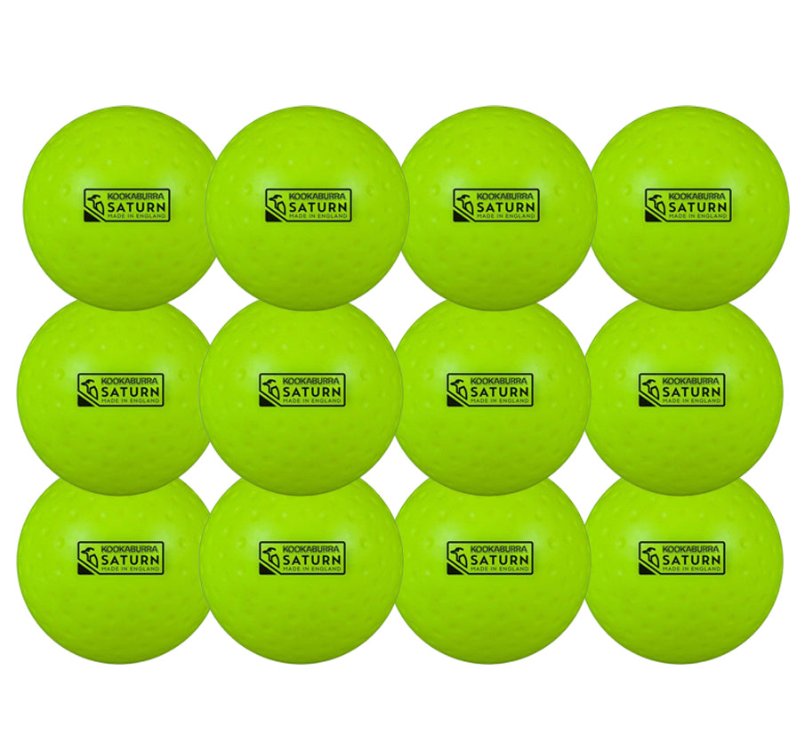 The Kookaburra Dimple Saturn Hockey Ball (12 Pack) features twelve lime balls by Kookaburra, arranged in a 3x4 grid—perfect for use as practice hockey balls during training sessions.