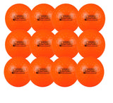 Twelve orange Kookaburra Dimple Saturn Hockey Balls (12 Pack) by Kookaburra are arranged in three rows, each with a dimpled surface and a rectangular "Kookaburra Saturn" label on the front.