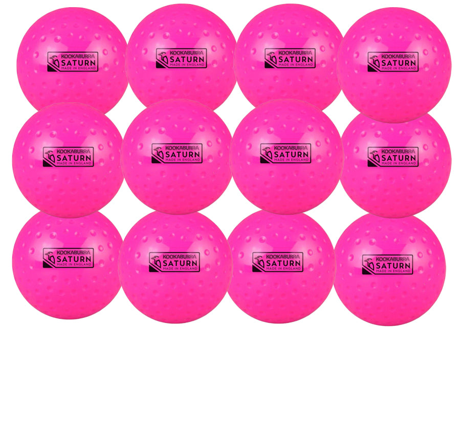 Twelve pink Kookaburra Dimple Saturn Hockey Balls (12 Pack) are arranged in a 3x4 grid, each branded with the Kookaburra logo—perfect as vibrant practice balls for training sessions.