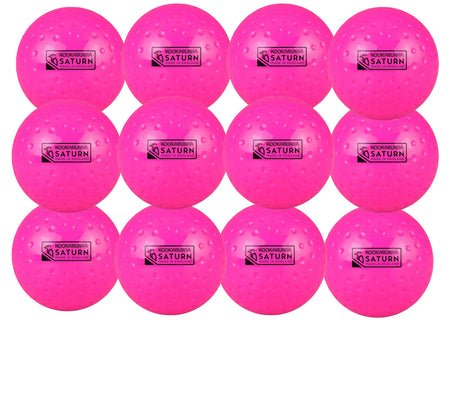 Twelve pink Kookaburra Dimple Saturn Hockey Balls (12 Pack) are arranged in a 3x4 grid, each branded with the Kookaburra logo—perfect as vibrant practice balls for training sessions.