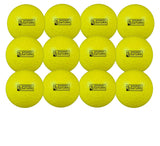 Twelve Kookaburra Dimple Saturn Hockey Balls (yellow, 12 pack) are arranged in a grid. Each practice ball displays the black Kookaburra logo and KOOKABURRA SATURN label on a white background.