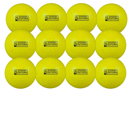 Twelve Kookaburra Dimple Saturn Hockey Balls (yellow, 12 pack) are arranged in a grid. Each practice ball displays the black Kookaburra logo and KOOKABURRA SATURN label on a white background.