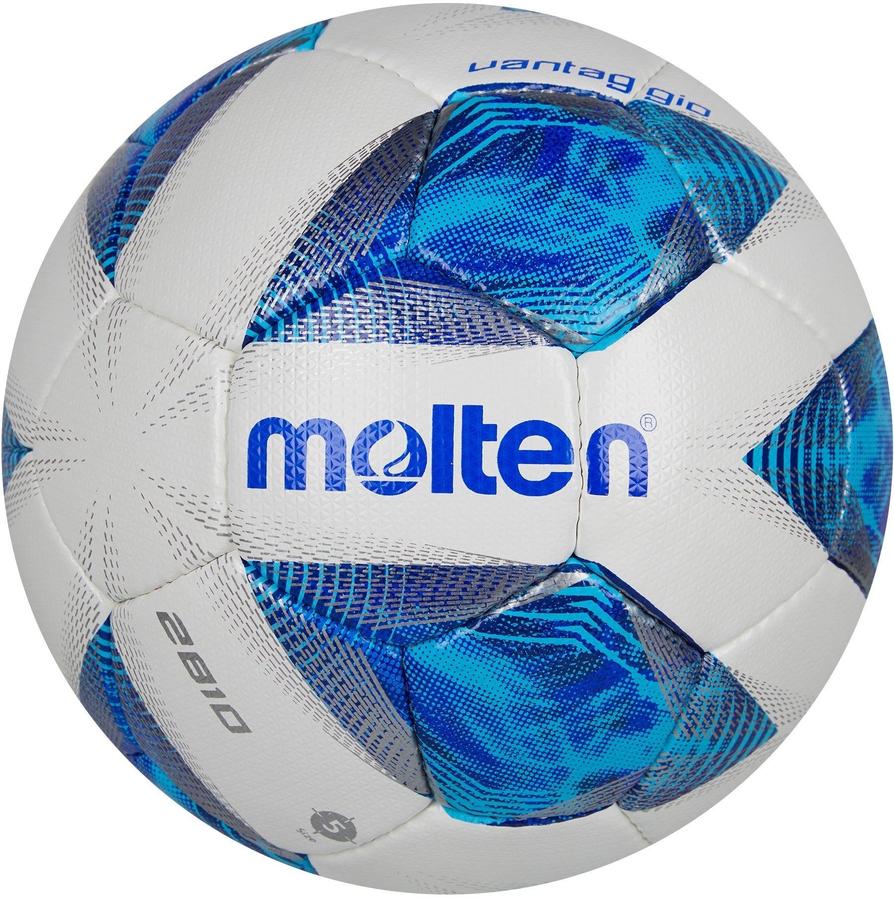 The Molten Vantaggio 2810 Football is a white and blue PU leather ball with a modern pattern, Molten logo, “vantaggio” text, and features a durable latex bladder for outdoor play.