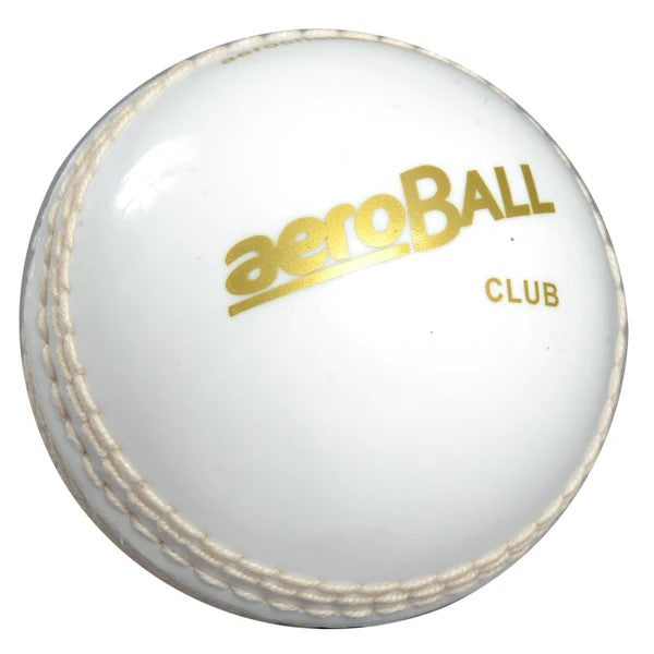 The Aero Incrediball Club Cricket Ball by Aero is a white practice ball with stitched seams and gold branding, ideal for training sessions.
