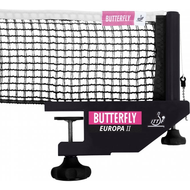 Close-up of the Butterfly Europa 2 Net and Post by Butterfly, ITTF approved. The black net with a white top band is held securely by a sturdy black clamp and post, featuring signature pink and white branding.