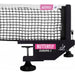 Close-up of the Butterfly Europa 2 Net and Post by Butterfly, ITTF approved. The black net with a white top band is held securely by a sturdy black clamp and post, featuring signature pink and white branding.