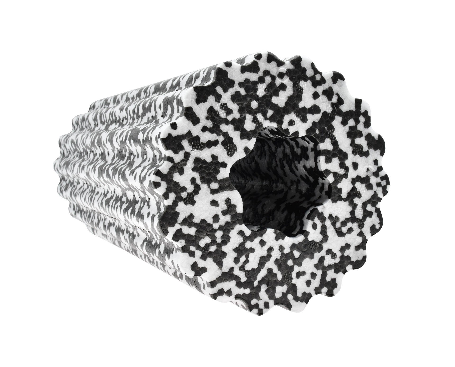 The Urban Fitness Foam Massage Roller by Urban Fitness is a black and white speckled, high-density foam roller with a textured wavy surface and hollow center for deep tissue relief, shown on a white background.