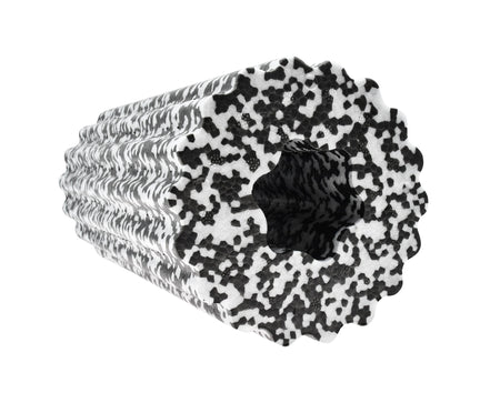 The Urban Fitness Foam Massage Roller by Urban Fitness is a black and white speckled, high-density foam roller with a textured wavy surface and hollow center for deep tissue relief, shown on a white background.
