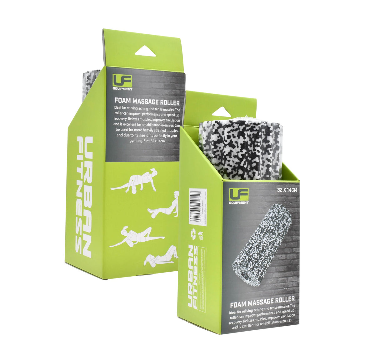 Two green Urban Fitness Foam Massage Roller boxes show partially visible black and white speckled high-density rollers inside, with white exercise illustrations on the packaging highlighting deep tissue relief.