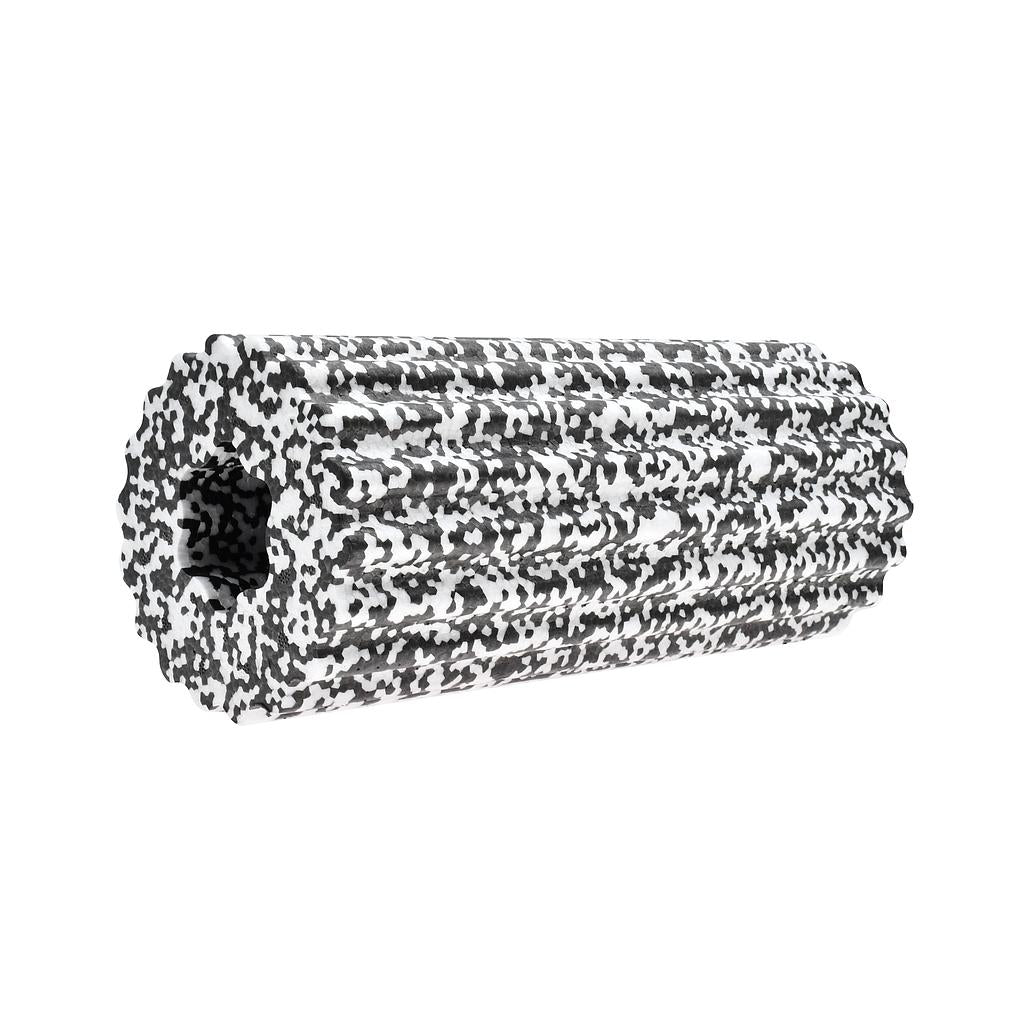 The Urban Fitness Foam Massage Roller by Urban Fitness features a black and white speckled, ridged high-density foam design with a hollow center, ideal for deep tissue relief, muscle massage, and effective recovery.